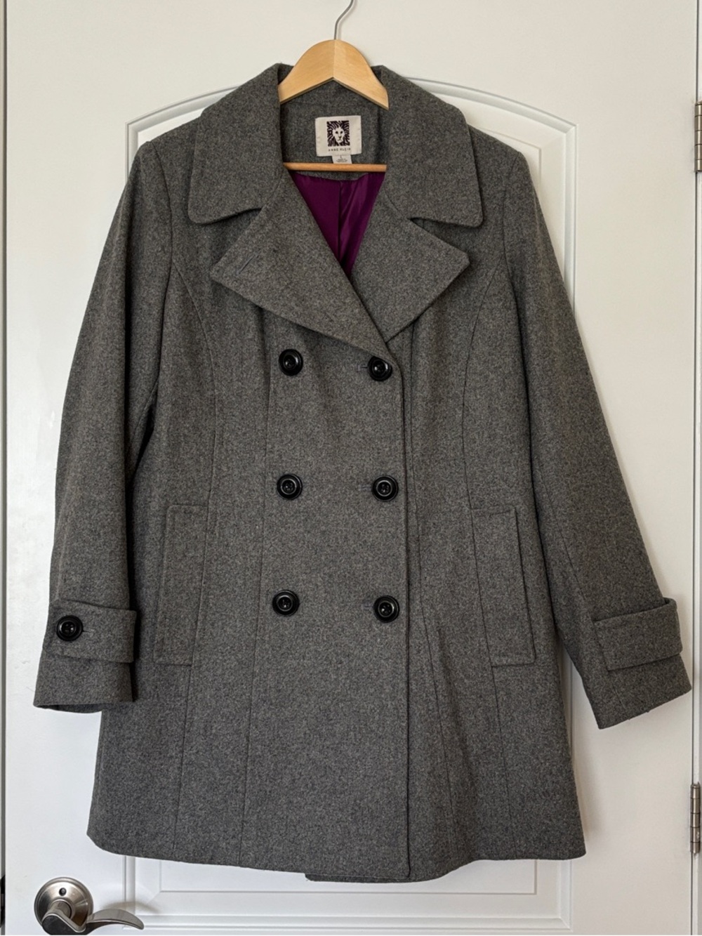 Anne Klein Gray Wool Blend Double-Breasted Pea Coat Women’s L EUC
